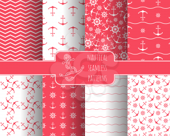 Seamless nautical patterns set with anchors ship wheels. Design element for wallpapers, baby shower invitation, birthday card, scrap booking, fabric print etc. 