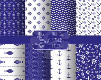 Seamless nautical patterns set with anchors ship wheels. Design element for wallpapers, baby shower invitation, birthday card, scrap booking, fabric print etc. 