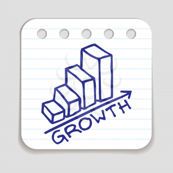 Doodle Growth Chart icon. Blue pen hand drawn infographic symbol on a notepaper piece. Line art style graphic design element. Web button with shadow. Success, bigger sales, achievement concept. 