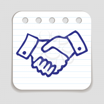 Doodle Shaking Hands icon. Blue pen hand drawn infographic symbol on a notepaper piece. Line art style graphic design element. Web button with shadow. Friendship, agreement, greeting, support concept.
