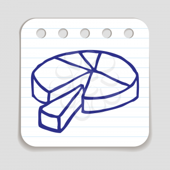 Doodle Pie Chart icon. Blue pen hand drawn infographic symbol on a notepaper piece. Line art style graphic design element. Web button with shadow. Sales, income, statistics,   research concept. 