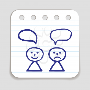Doodle Happy and Sad person icon. Blue pen hand drawn infographic symbol on a notepaper piece. Line art style graphic design element. Web button with shadow. Different views on life, opinions concept.