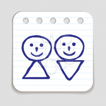 Doodle Man and Woman icon. Blue pen hand drawn infographic symbol on a notepaper piece. Line art style graphic design element. Web button with shadow. Couple, wedding, gender, people concept. 