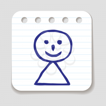 Doodle Woman icon. Blue pen hand drawn infographic symbol on a notepaper piece. Line art style graphic design element. Web button with shadow. Girl avatar, female figure concept. 