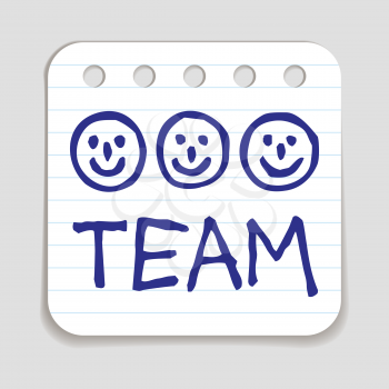 Doodle Team icon. Blue pen hand drawn infographic symbol on notepaper. Line art style graphic design element. Web button with shadow. Teamwork, human resources, happy co-workers, wotk together concept