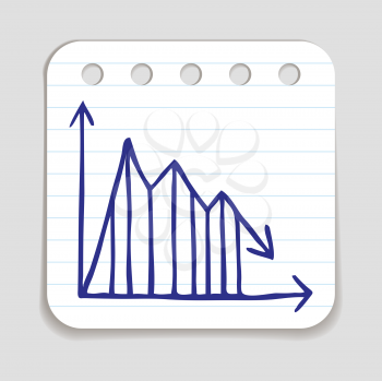 Doodle Graph icon. Blue pen hand drawn infographic symbol on a notepaper piece. Line art style graphic design element. Web button with shadow. Decline, save on expences concept. 