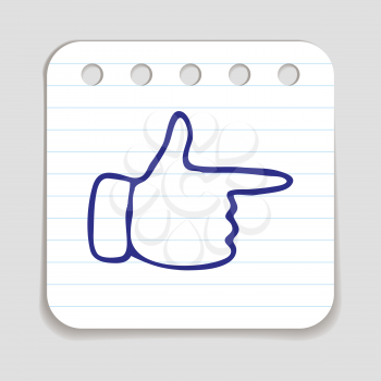 Doodle Pointing Finger icon. Blue pen hand drawn infographic symbol on a piece of notepaper. Line art style graphic design element. Web button with shadow. Pointing out, direction concept. 