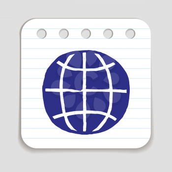 Doodle Earth icon. Blue pen hand drawn infographic symbol on a notepaper piece. Line art style graphic design element. Web button with shadow. Worldwide, travel, logistics  concept. 
