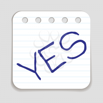 Doodle YES word icon. Blue pen hand drawn infographic symbol on a notepaper piece. Line art style graphic design element. Web button with shadow. Agreement, support, saying yes, positive concept. 