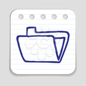 Doodle Folder icon. Blue pen hand drawn infographic symbol on a notepaper piece. Line art style graphic design element. Web button with shadow. Folder with papers, paperwork, computer concept. 