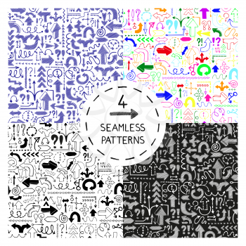 Set of 4 seamless patterns with doodle arrows. Design elements for printables, wallpaper, corporate identity, web site wallpapers, fabric print. Vector illustration.