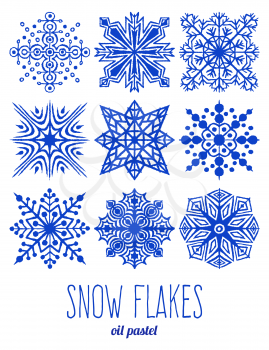 Hand drawn crayon snow flakes set. Hand made art with oil pastel. Graphic design elements collection. Abstract geometric snowflakes shapes. Isolated on white background.