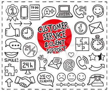 Doodle Customer Service icons set. Freehand drawn graphic elements. Vector illustration.