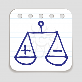 Doodle Scales icon. Blue pen hand drawn infographic symbol on notepaper piece. Line art style graphic design element. Web button with shadow. Good and bad, making choice, considering options concept. 
