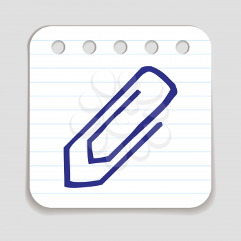 Doodle Paper Clip icon. Blue pen hand drawn infographic symbol on a notepaper piece. Line art style graphic design element. Web button with shadow. Attaching, stationery, office post-it concept. 