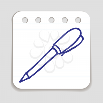Doodle Pen icon. Blue pen hand drawn infographic symbol on a notepaper piece. Line art style graphic design element. Web button with shadow. Writing, office supply, signing  concept. 