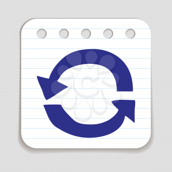 Doodle Recycle Arrows icon. Blue pen hand drawn infographic symbol on a notepaper piece. Line art style graphic design element. Web button with shadow. Loading, reload, pre-loader, ecology concept. 