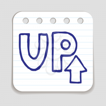 Doodle UP Arrow icon. Blue pen hand drawn infographic symbol on a notepaper piece. Line art style graphic design element. Web button with shadow. Direction, growth, going up,  progress concept. 