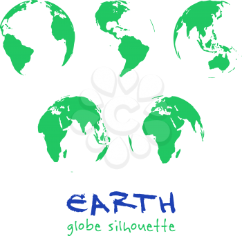 Set of Earth silhouettes. Five different globe views. Green Planet, save the Earth, ecology concept. Isolated on white background. Vector illustration.