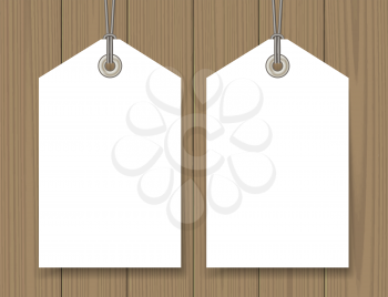 Blank sale tags mock up set on wooden background. Hang tag with a string. Shopping badge with place for price and discount captions. Clearance sale template. Vector illustration.
