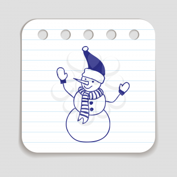 Doodle icon of Snowman icon. Blue pen hand drawn infographic symbol on a notepaper piece. Line art style graphic design element. Web button with shadow. Vector illustration