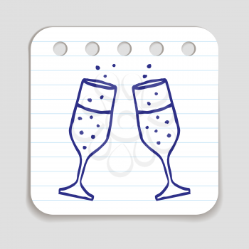 Doodle icon of Champagne Glasses.  Blue pen hand drawn infographic symbol on a notepaper piece. Line art style graphic design element. Web button with shadow. Vector illustration