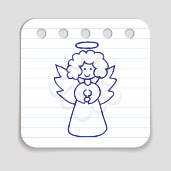 Doodle icon of Christmas Angel.  Blue pen hand drawn infographic symbol on a notepaper piece. Line art style graphic design element. Web button with shadow. Vector illustration