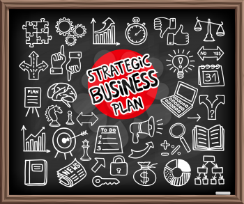 Doodle Business Plan icons set. Chalk board effect drawing. Freehand drawn graphic elements. Vector Illustration.