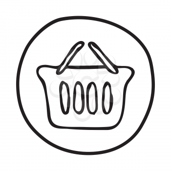 Doodle Shopping Basket icon. Infographic symbol in a circle. Line art style graphic design element. Web button. Groceries, sales, supermarket concept. 