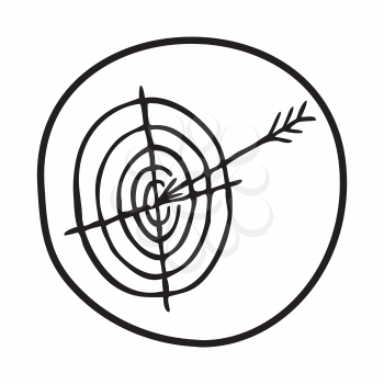 Doodle Arrow Hitting a Target icon. Infographic symbol in a circle. Line art style graphic design element. Web button. Goal, achievement, precise hit concept.