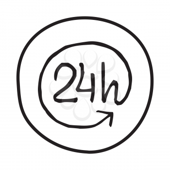 Doodle 24 Hours a Day icon. Infographic symbol in a circle. Line art style graphic design element. Web button.  Around the clock service, 24-7 support concept.