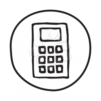 Doodle Calculator icon. Infographic symbol in a circle. Line art style graphic design element. Web button.  Calculating, exact numbers, finance, math concept. 