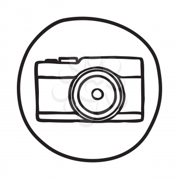 Doodle Camera icon. BInfographic symbol in a circle. Line art style graphic design element. Web button. Photography, taking pictures concept. 