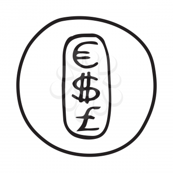 Doodle Currencies icon. Infographic symbol in a circle. Line art style graphic design element. Web button. Dollar, Euro and Pound signs. 