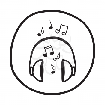Doodle Headphones icon. Infographic symbol in a circle. Line art style graphic design element. Web button. Listening to music, DJ work concept. 