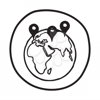 Doodle Earth with Pointers icon. Infographic symbol in a circle. Line art style graphic design element. Web button.  Worldwide delivery, connection concept. 
