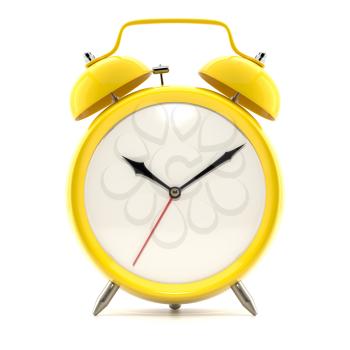 Alarm clock on white background with shadow. Vintage style yellow color clock with black hands.