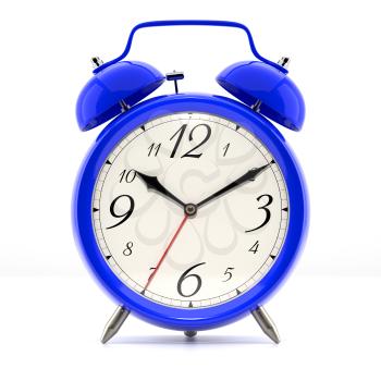 Alarm clock on white background with shadow. Vintage style blue color clock with black hands.