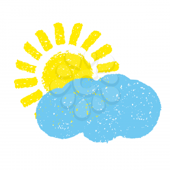 Sun and cloud. Hand painted with oil pastel crayons. Weather forecast, summertime, climate,  meteorology concept. Graphic design element for seasonal poster, greeting card, scrapbooking, children book