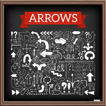 Hand drawn arrow icons set with question and exclamation marks with chalkboard effect. Vector Illustration.