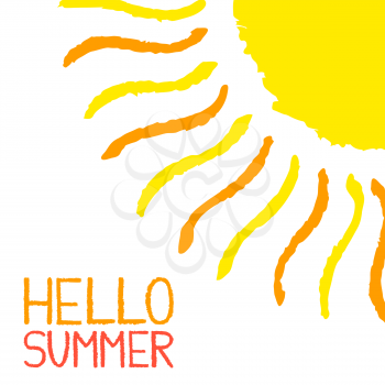 Hello Summer poster. Hand painted with oil pastel crayons. Bright fun card, invitation template. Yellow and orange sun and red text. Abstract graphic design on white background. Vector illustration