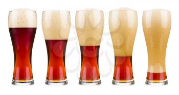 Five glasses of red beer in filling up in sequence. Isolated on white.