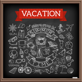 Vacation doodles on chalk board. Hand drawn icons collection of travel and summertime symbols - airplane, passport, boat, anchor, cocktails, bikini, ice cream, beach chair etc. Vector illustration.