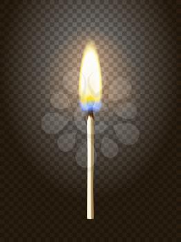 Realistic burning match. Matchstick flame. Transparency grid. Special effect. Ready to apply. Graphic element for documents, templates, posters, flyers. Vector illustration
