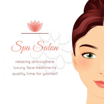 Spa Salon poster with a face of a beautiful girl. Face treatments gift voucher, makeover day ad, wellness center invitation flyer. Graphic design template. Attractive young woman. Vector illustration