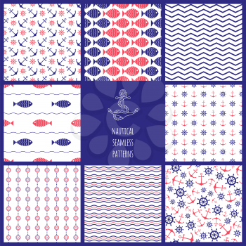 Set of seamless nautical patterns with fish, anchors, ship wheels, waves and chevron. Vector illustration
