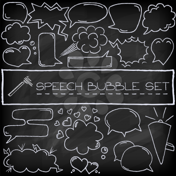 Hand drawn speech bubbles with hearts and clouds, chalkboard effect. Vector illustration. 