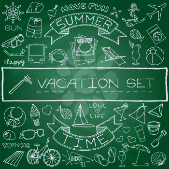 Hand drawn vacation icons set, green chalk board effect. Vector illustration.