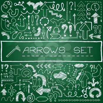 Hand drawn arrow icons set with question and exclamation marks on green chalkboard. Vector Illustration.