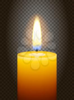 Realistic burning candle. Transparency grid. Special effect. Ready to apply to your design. Graphic element for documents, templates, posters, flyers. Vector illustration